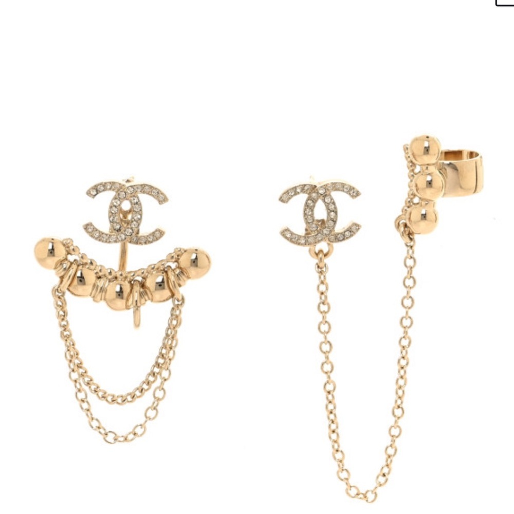 CHANEL Metal Crystal CC Chain Cuff Earrings Gold